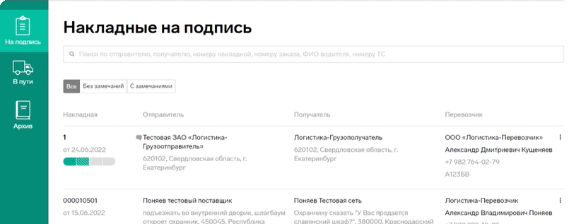 Интерфейс сервиса Контур.Логистика: список накладных на подпись